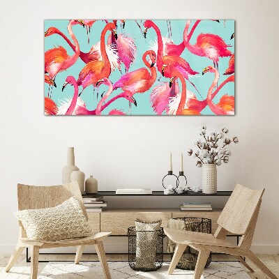 Pink flamingos on a turquoise background Wall art on glass
