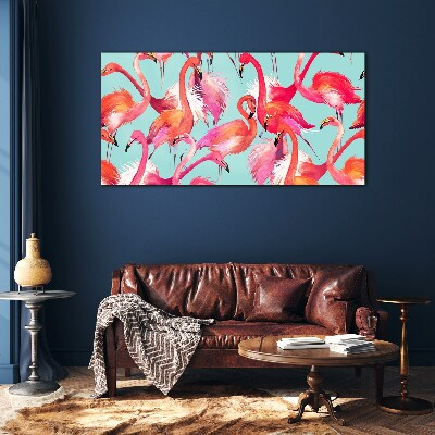 Pink flamingos on a turquoise background Wall art on glass