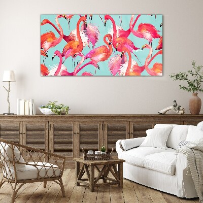 Pink flamingos on a turquoise background Wall art on glass