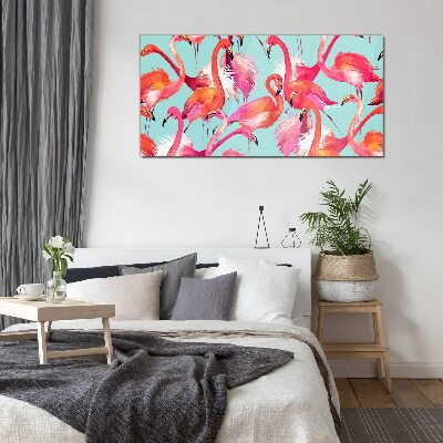 Pink flamingos on a turquoise background Wall art on glass