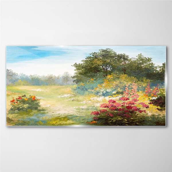 Floral landscape of a summer morning Wall art on glass