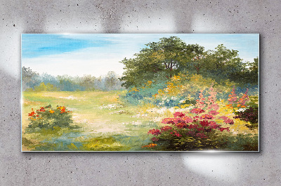 Floral landscape of a summer morning Wall art on glass