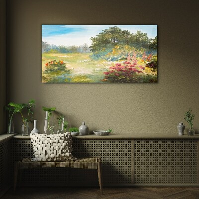 Floral landscape of a summer morning Wall art on glass