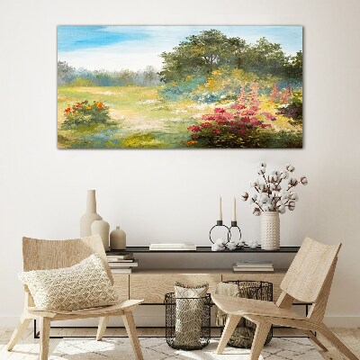 Floral landscape of a summer morning Wall art on glass