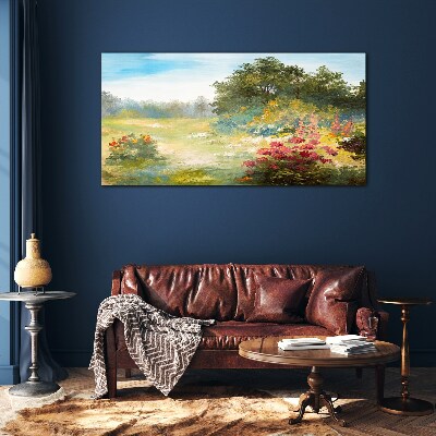 Floral landscape of a summer morning Wall art on glass