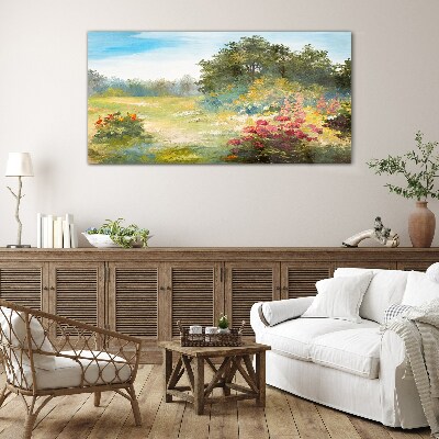 Floral landscape of a summer morning Wall art on glass