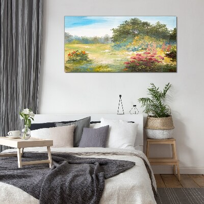 Floral landscape of a summer morning Wall art on glass