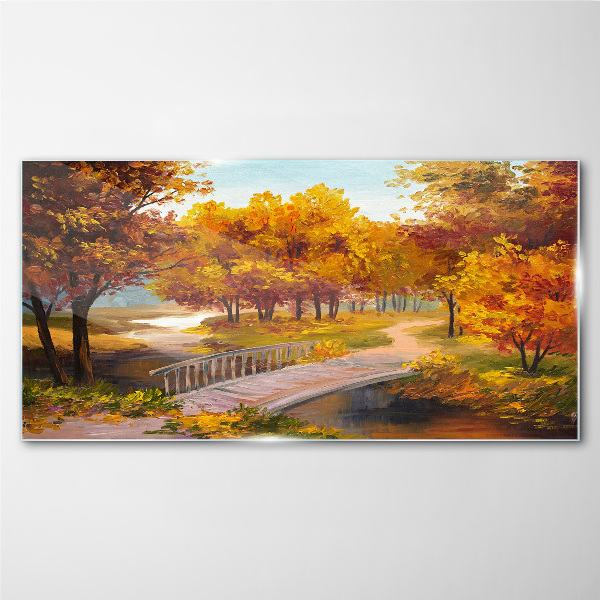 Golden bridge in autumn park Wall art on glass