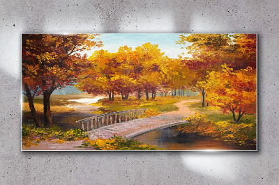 Golden bridge in autumn park Wall art on glass
