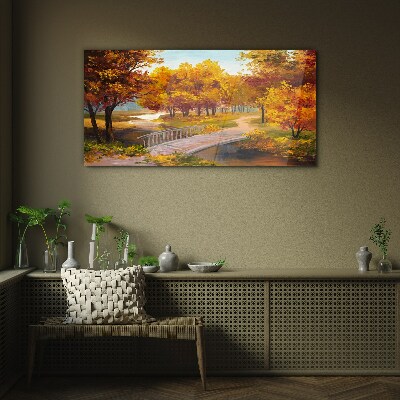 Golden bridge in autumn park Wall art on glass