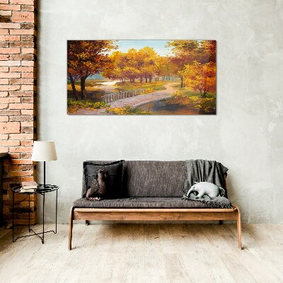Golden bridge in autumn park Wall art on glass
