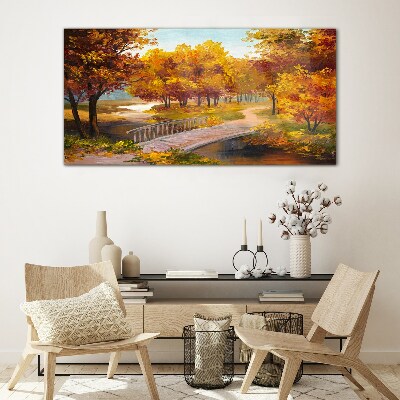 Golden bridge in autumn park Wall art on glass