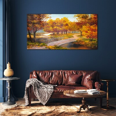Golden bridge in autumn park Wall art on glass