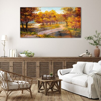 Golden bridge in autumn park Wall art on glass