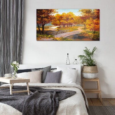 Golden bridge in autumn park Wall art on glass