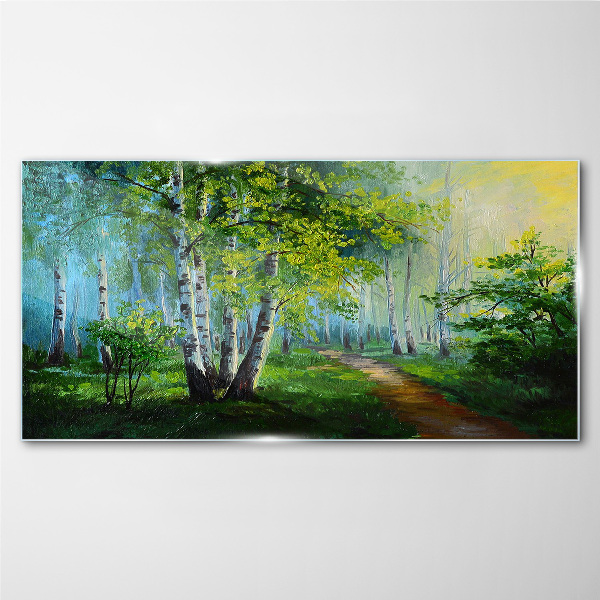 Green forest in the morning fog Glass art print