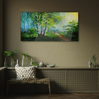 Green forest in the morning fog Glass art print