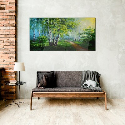 Green forest in the morning fog Glass art print