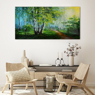 Green forest in the morning fog Glass art print