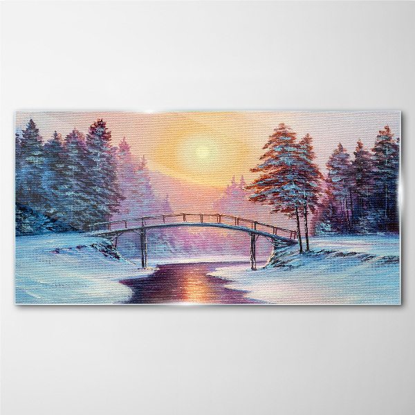 Winter bridge in the sunlight Glass art print