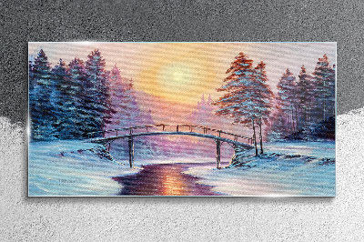 Painting winter trees bridge Glass Wall Art