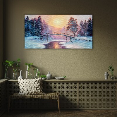 Winter bridge in the sunlight Glass art print