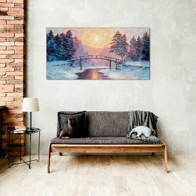 Winter bridge in the sunlight Glass art print