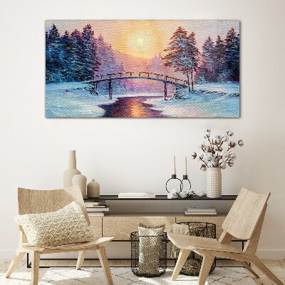 Winter bridge in the sunlight Glass art print