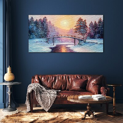 Winter bridge in the sunlight Glass art print