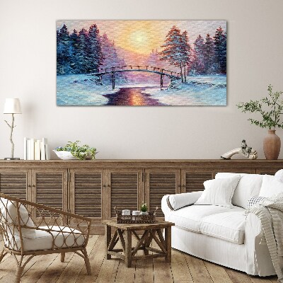Winter bridge in the sunlight Glass art print