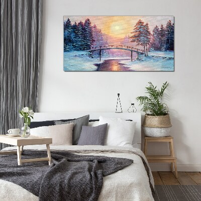 Winter bridge in the sunlight Glass art print