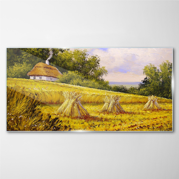 Golden fields and a country cottage Wall art on glass