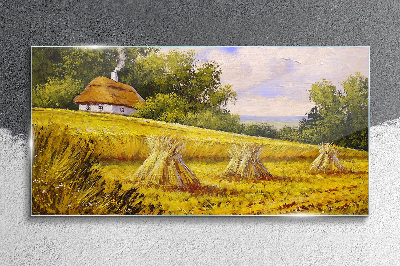 Golden fields and a country cottage Wall art on glass