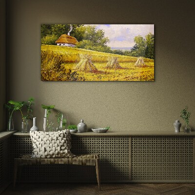 Golden fields and a country cottage Wall art on glass
