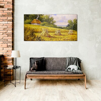 Golden fields and a country cottage Wall art on glass