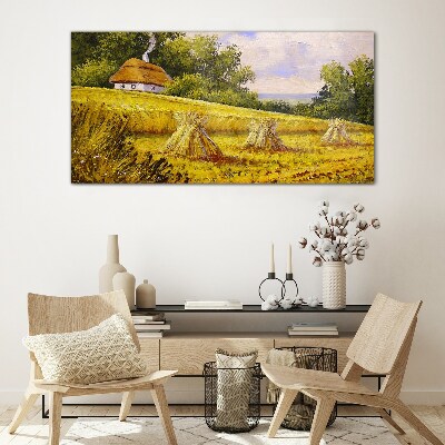 Golden fields and a country cottage Wall art on glass