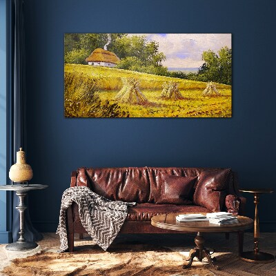 Golden fields and a country cottage Wall art on glass