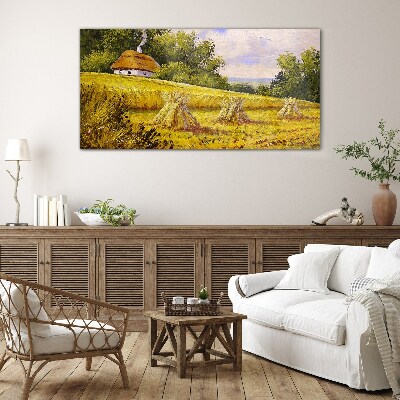 Golden fields and a country cottage Wall art on glass