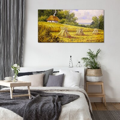 Golden fields and a country cottage Wall art on glass