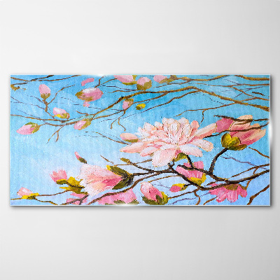 Magnolia flowers on a blue background Wall art on glass