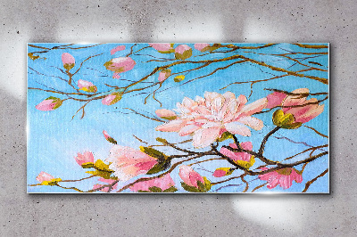 Magnolia flowers on a blue background Wall art on glass