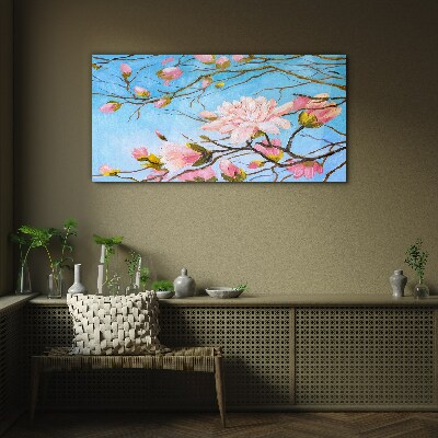 Magnolia flowers on a blue background Wall art on glass