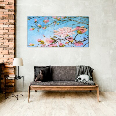 Magnolia flowers on a blue background Wall art on glass