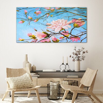 Magnolia flowers on a blue background Wall art on glass