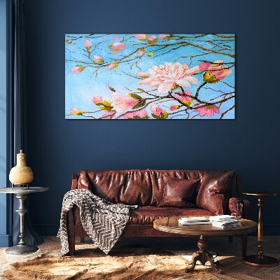 Magnolia flowers on a blue background Wall art on glass