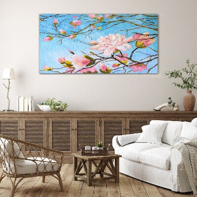 Magnolia flowers on a blue background Wall art on glass