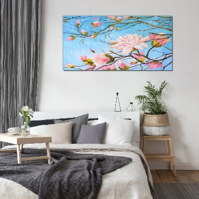 Magnolia flowers on a blue background Wall art on glass