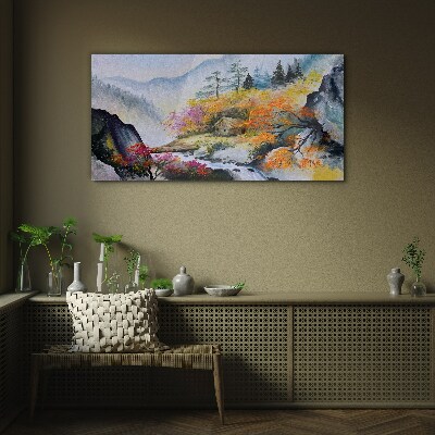 Autumn mountain panorama Wall art on glass