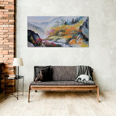 Abstraction mountains trees fog Glass Wall Art