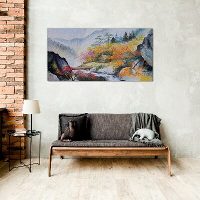Autumn mountain panorama Wall art on glass